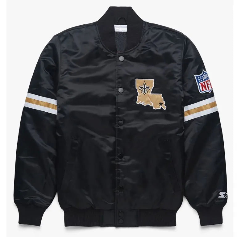 New Orleans Saints Striped Full-Snap Varsity Black Satin Men's Bomber Jacket