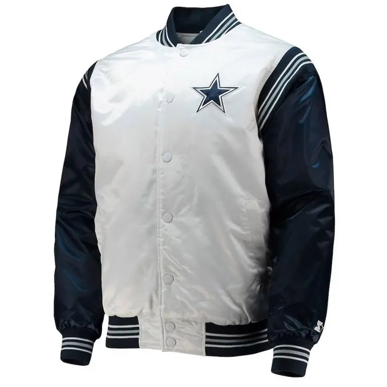 Dallas Cowboys Renegade Throwback Full-Snap Varsity White/Navy Satin Men's Bomber Jacket