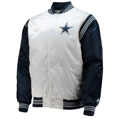 Dallas Cowboys Renegade Throwback Full-Snap Varsity White/Navy Satin Men's Bomber Jacket