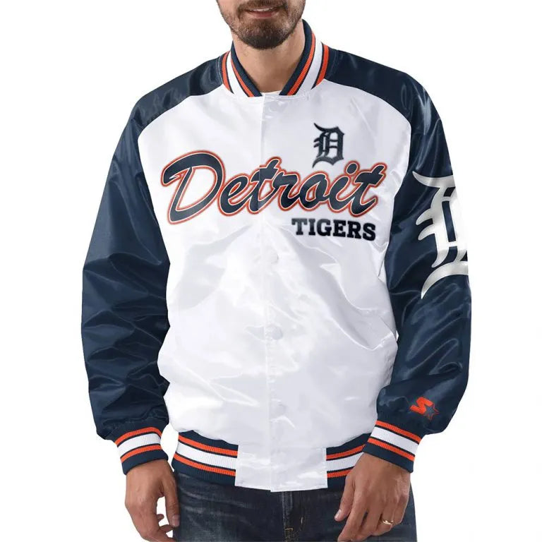 Detroit Tigers Blue/White Full-Snap Satin Varsity Men's Jacket