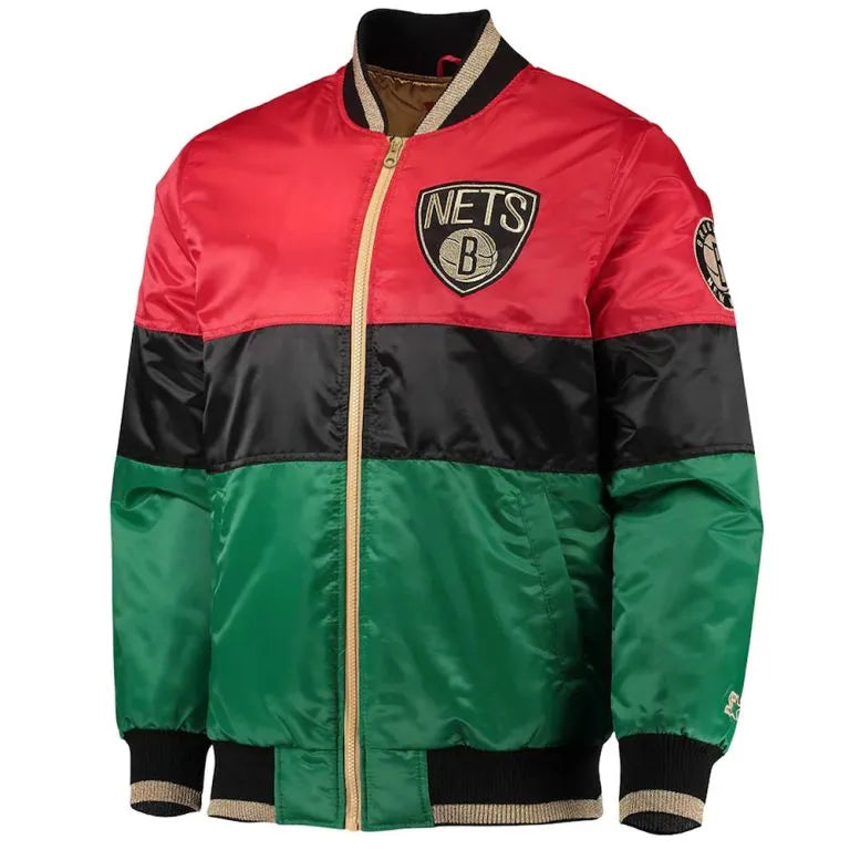 Brooklyn Nets 75th Anniversary Black History Month Full-Snap Varsity Color-Block Satin Men's Bomber Jacket