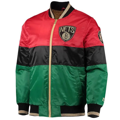 Brooklyn Nets 75th Anniversary Black History Month Full-Snap Varsity Color-Block Satin Men's Bomber Jacket