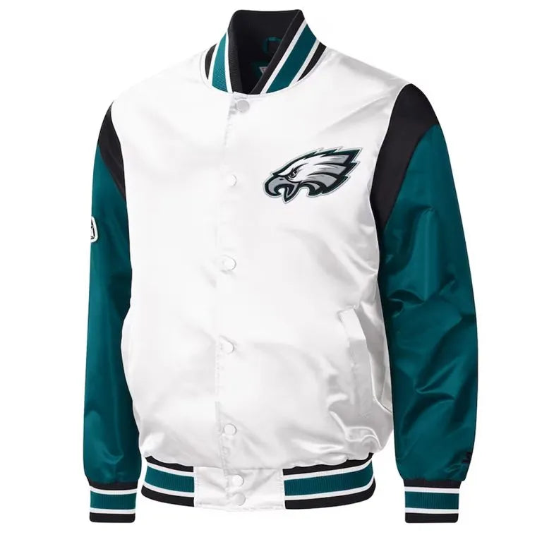 Philadelphia Eagles Throwback Warm Up Pitch Full-Snap Varsity Satin Men's Bomber Jacket
