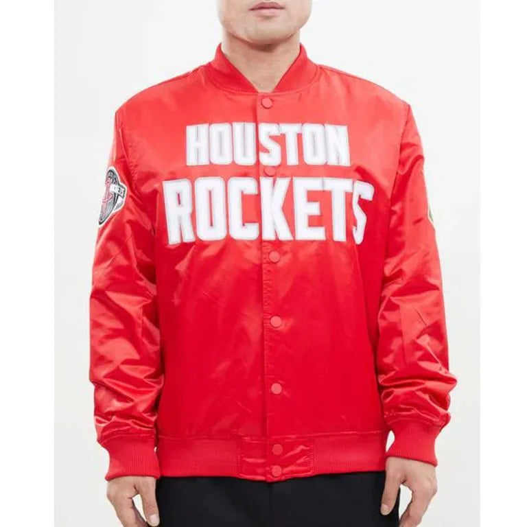Houston Rockets Big Logo Full-Snap Varsity Red Satin Men's Bomber Jacket