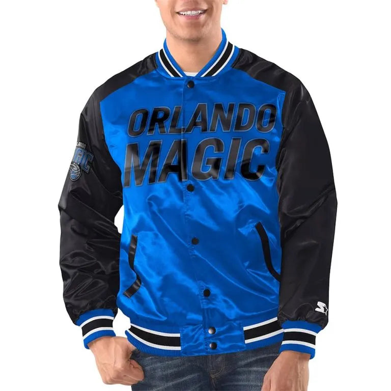 Orlando Magic Renegade Full-Snap Varsity Black and Blue Satin Men's Bomber Jacket