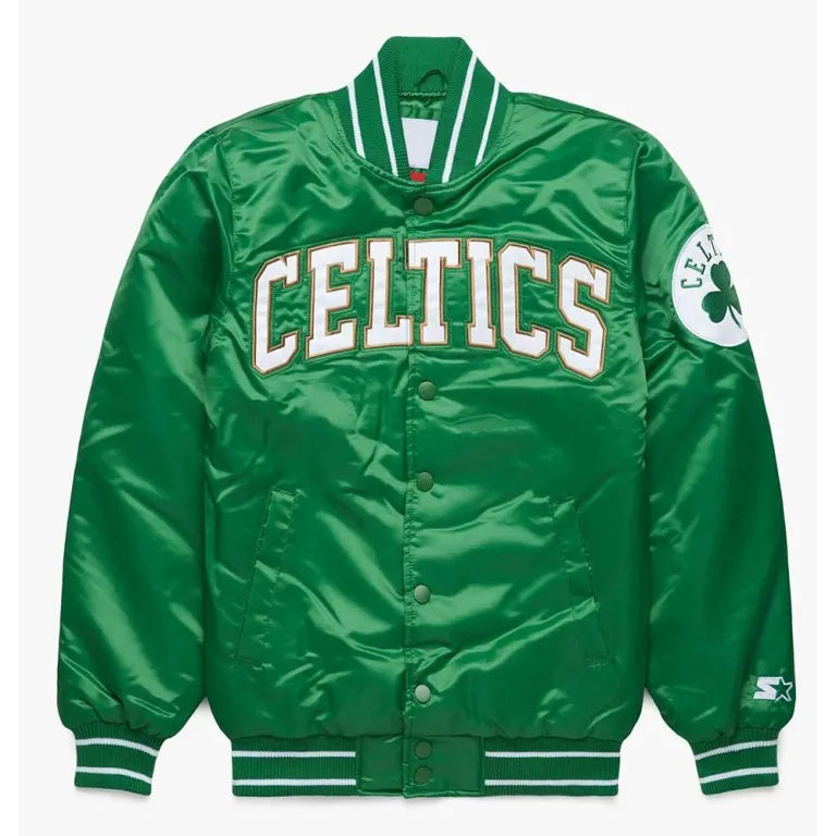 Boston Celtics Full-Snap Varsity Green Satin Men's Bomber Jacket