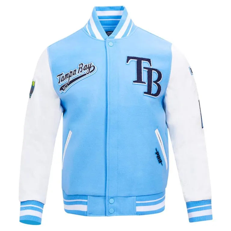 Tampa Bay Rays Script Tail Light Blue Wool and White Leather Sleeves Varsity Men's Jacket