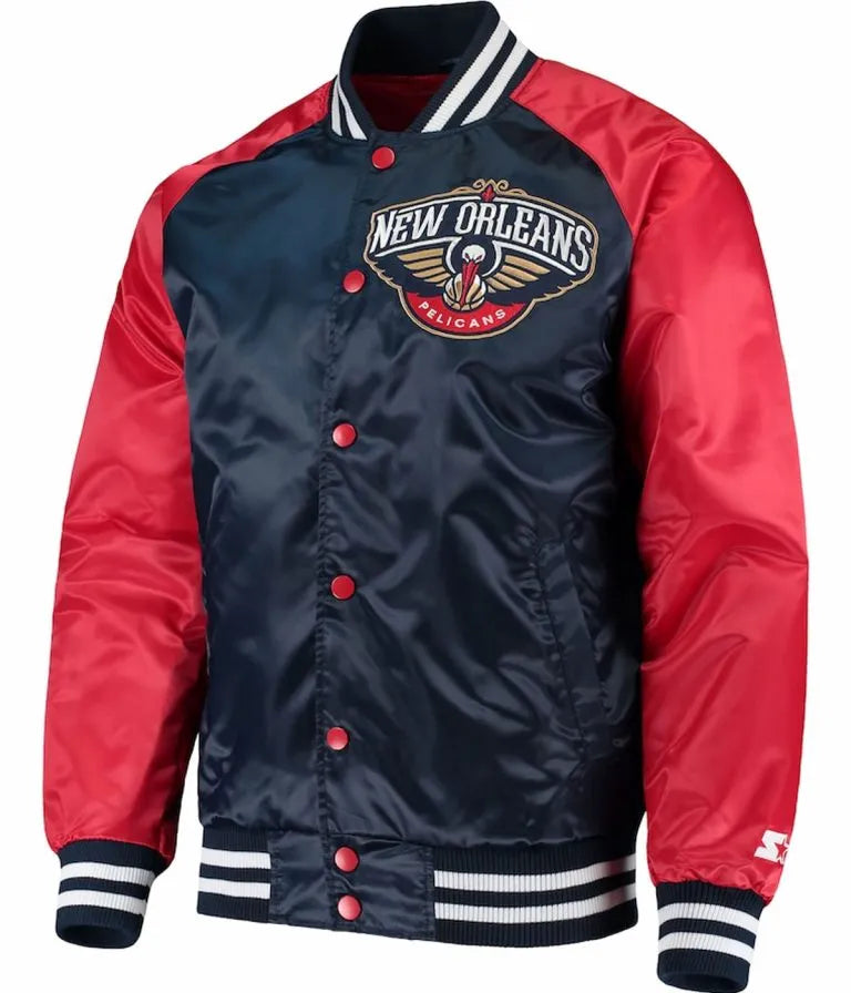 New Orleans Pelicans Full-Snap Varsity Red and Navy Blue Satin Men's Bomber Jacket