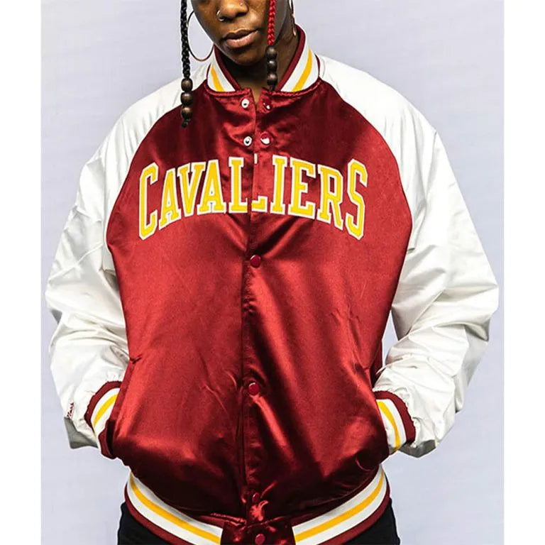 Cleveland Cavaliers Prime Time Full-Snap Varsity Burgundy and White Satin Men's Bomber Jacket