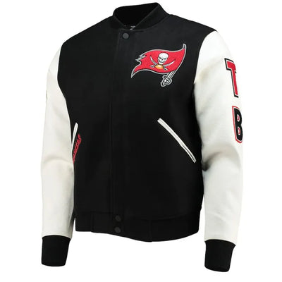 Tampa Bay Buccaneers Black Wool & White Genuine Leather Sleeves Men's Varsity Letterman Jacket