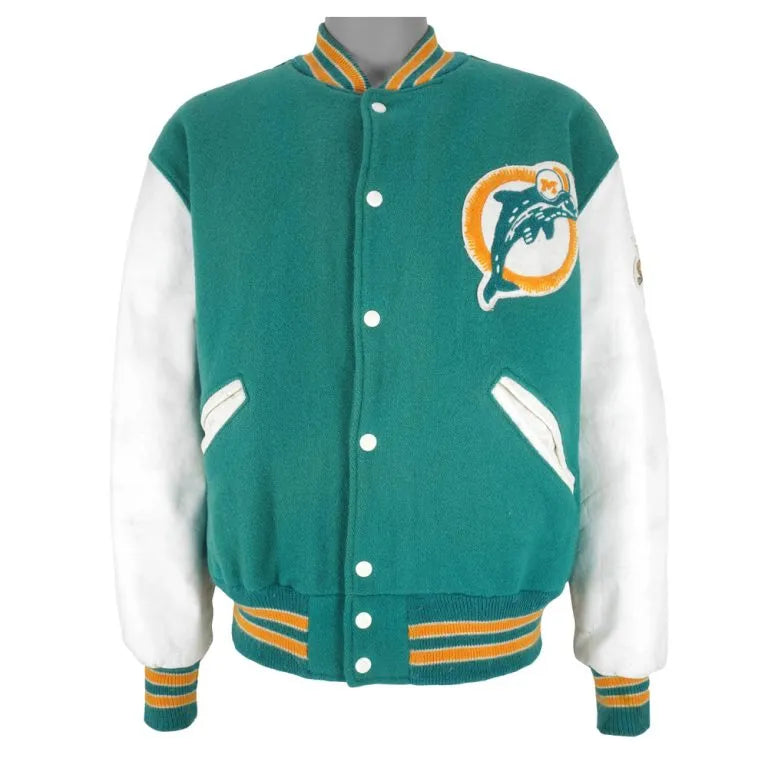 1980s Miami Dolphins Aqua Wool and White Genuine Leather Sleeves Men's Varsity Letterman Jacket