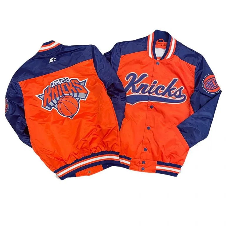 New York Knick The Tradition II Team Full-Snap Varsity Orange/Blue Satin Men's Bomber Jacket