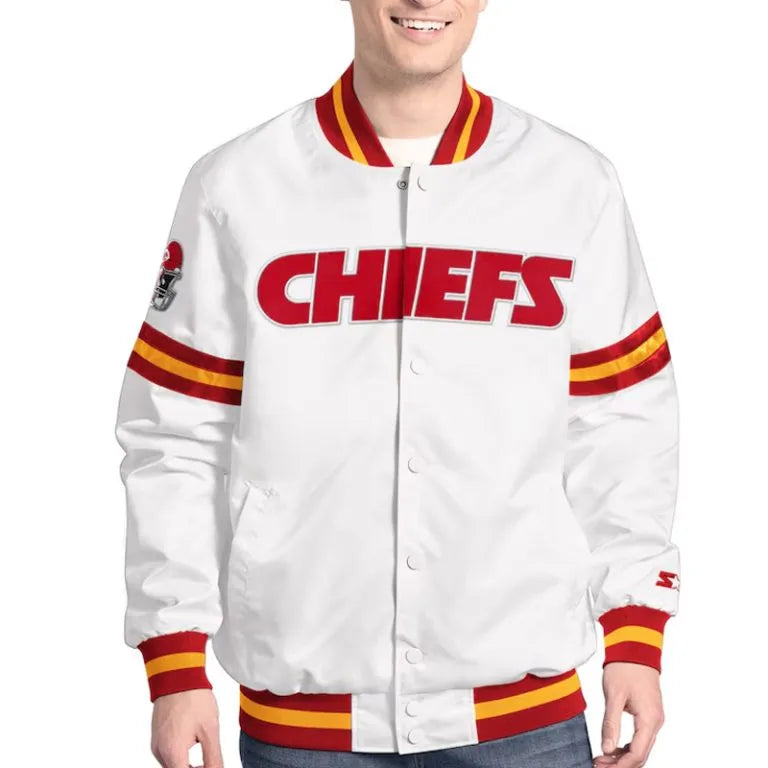 Kansas City Chiefs Scout Full-Snap Varsity White Satin Men's Bomber Jacket