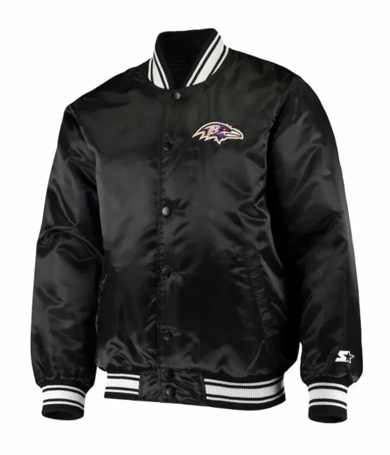 Baltimore Ravens Full-Snap Varsity Black Satin Men's Bomber Jacket