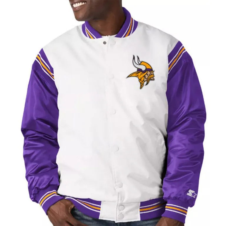 Minnesota Vikings The Renegade Full-Snap Varsity White & Purple Satin Men's Bomber Jacket