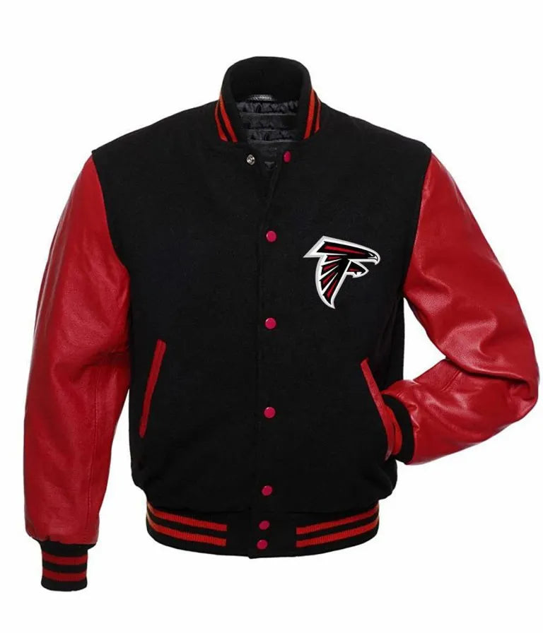 Atlanta Falcons Varsity Black Wool & Red Genuine Leather Sleeves Men's Letterman Jacket