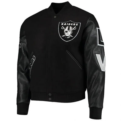 Los Vegas Raiders Black Wool and Genuine Leather Sleeves Men's Varsity Letterman Jacket