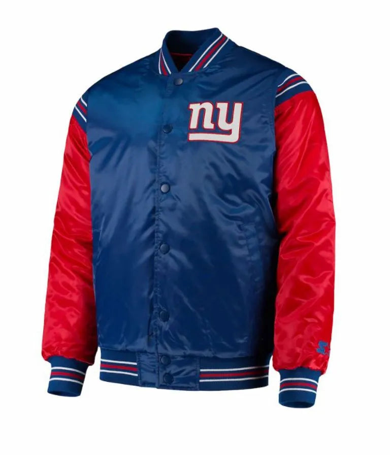 New York Giants Full-Snap Varsity Red and Blue Satin Men's Bomber Jacket