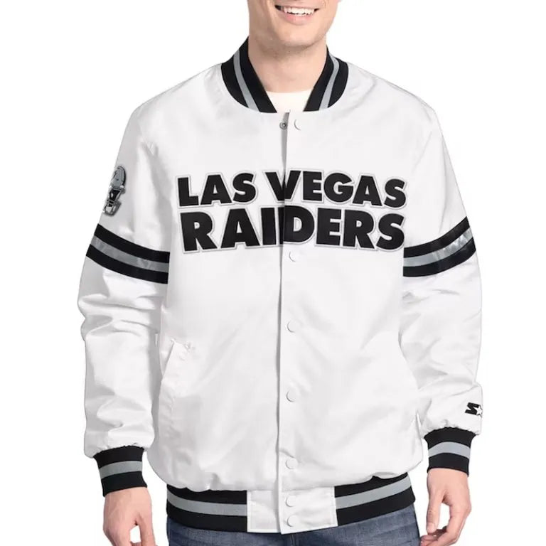 Los Angeles Raiders Scout Full-Snap Varsity White Satin Men's Bomber Jacket