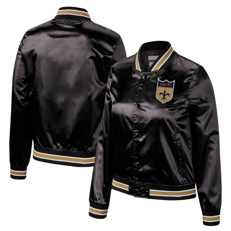 New Orleans Saints Lightweight Full-Snap Varsity Black Satin Men's Bomber Jacket