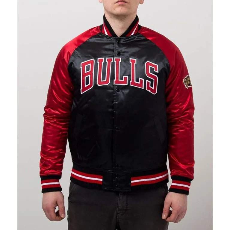 Chicago Bulls Tough Season Full-Snap Varsity Black and White Satin Men's Bomber Jacket