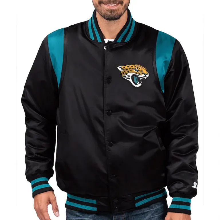 Jacksonville Jaguars Full-Snap Varsity Black and Teal Satin Men's Bomber Jacket