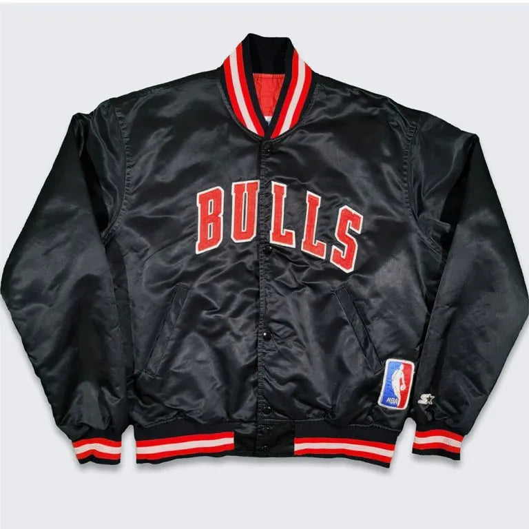 80’s Chicago Bulls Full-Snap Varsity Black Satin Men's Bomber Jacket