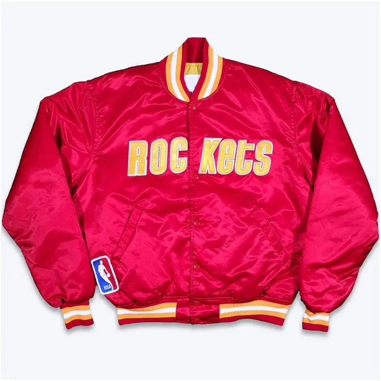 90s Houston Rockets Full-Snap Varsity Red Satin Men's Bomber Jacket