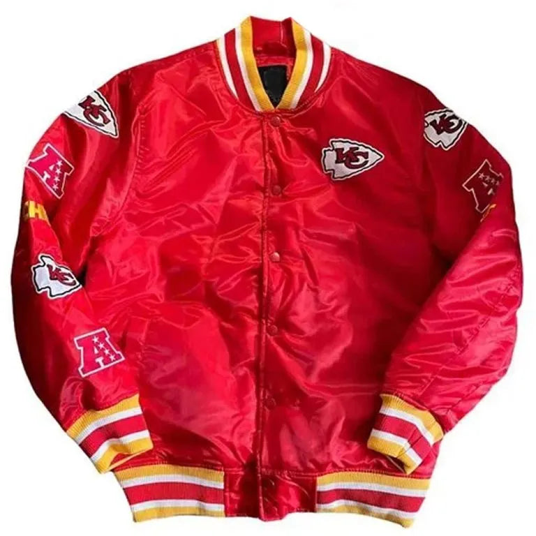 Kansas City Chiefs Football Full-Snap Varsity Red Satin Men's Bomber Jacket