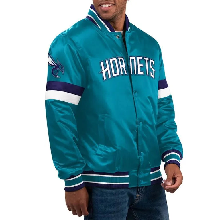 Charlotte Hornets Home Game Full-Snap Varsity Teal Satin Men's Bomber Jacket