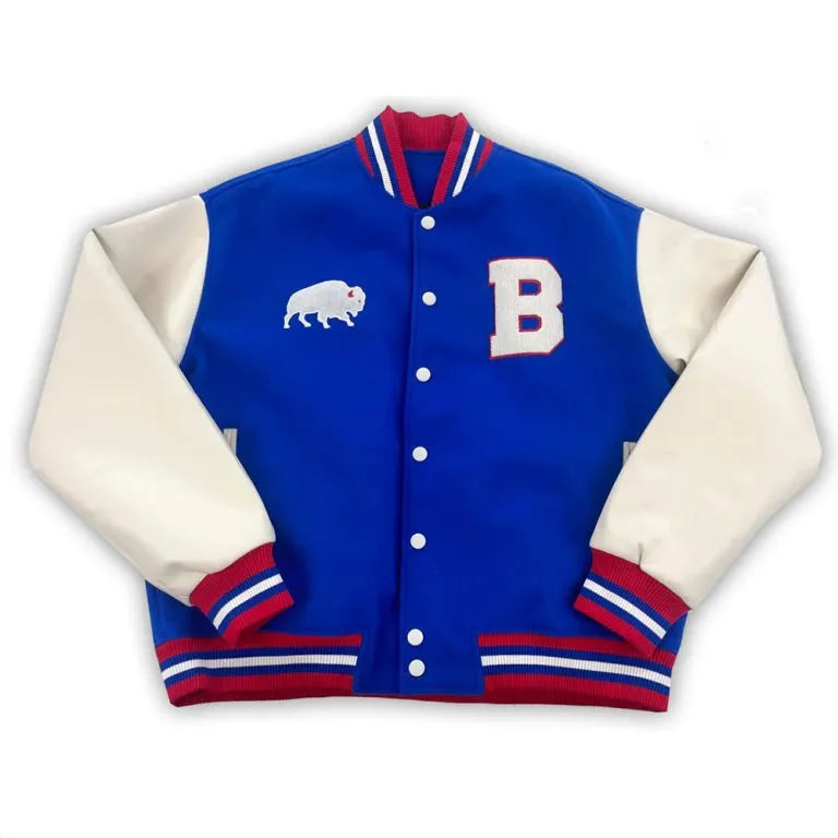 Buffalo Bills Royal Blue Wool and White Leather Sleeves Varsity Men's Letterman Jacket