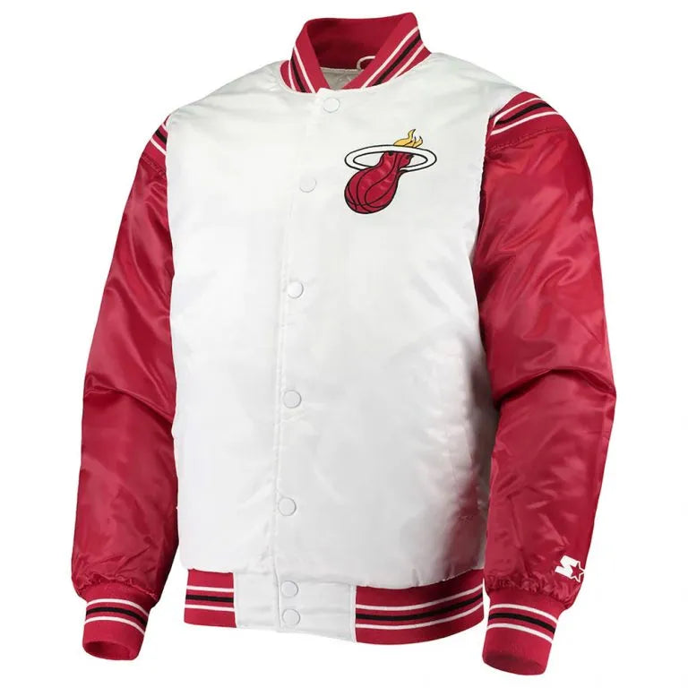 Miami Heat Renegade Full-Snap Varsity White/Red Satin Men's Bomber Jacket
