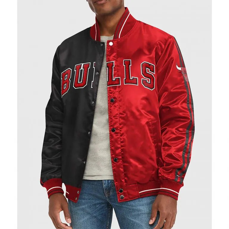 NBA Chicago Bulls Full-Snap Varsity Red and Black Satin Men's Bomber Jacket