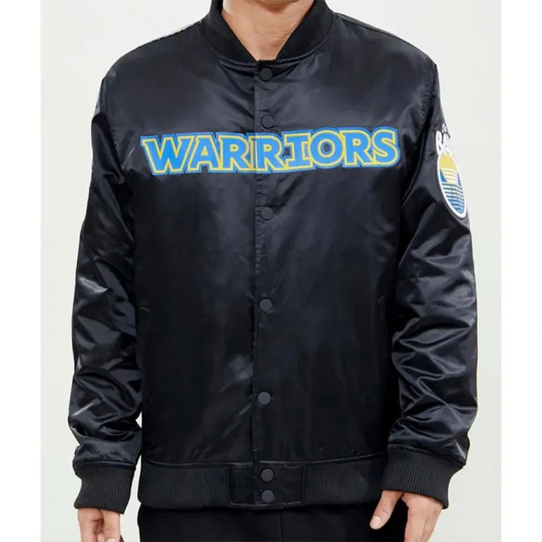 Golden State Warriors The Bay Full-Snap Varsity Black Satin Men's Bomber Jacket