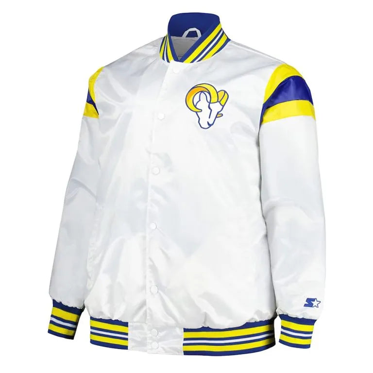 Los Angeles Rams Midweight Full-Snap Varsity White Satin Men's Bomber Jacket