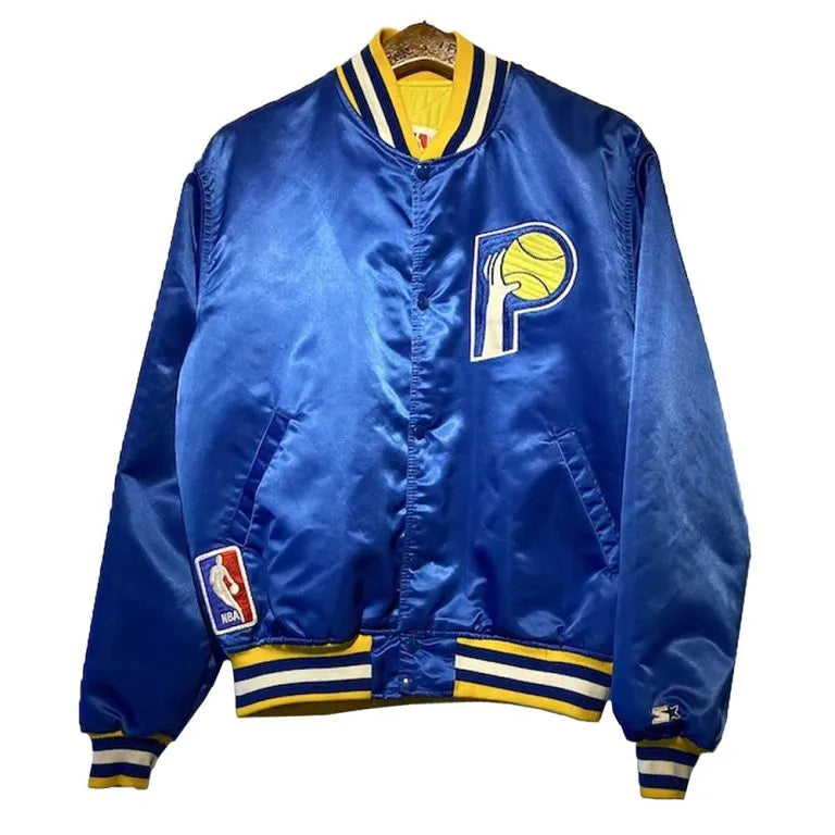 Indiana Pacers Vintage Style Full-Snap Varsity Royal Blue Satin Men's Bomber Jacket