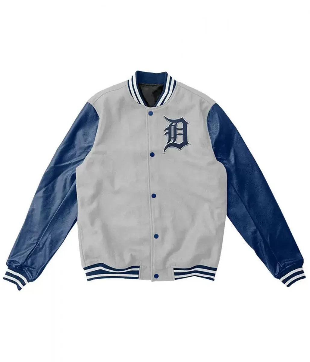 Detroit Tigers Full Snap Grey Wool & Blue Leather Sleeves Varsity Men's Jacket