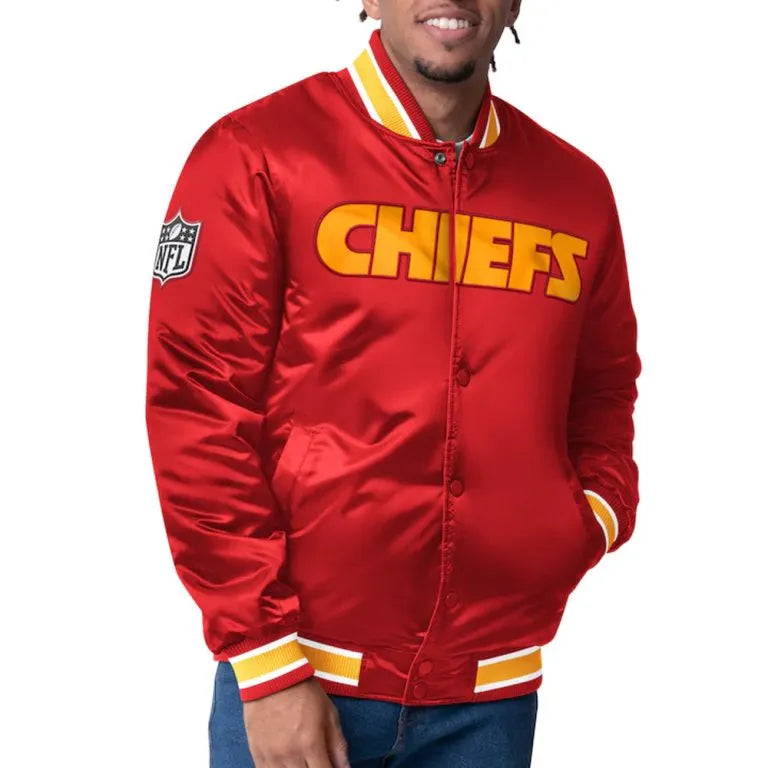 Kansas City Chiefs Closer Full-Snap Varsity Red and Yellow Satin Men's Bomber Jacket