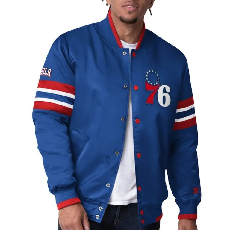 Philadelphia 76ers Scout I Full-Snap Varsity Royal BlueSatin Men's Bomber Jacket