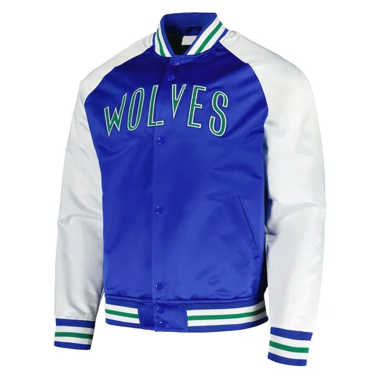 Minnesota Timberwolves Double Clutch Full-Snap Varsity Blue & White Satin Men's Bomber Jacket