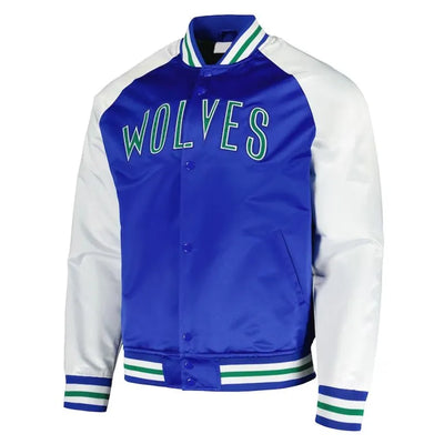 Minnesota Timberwolves Double Clutch Full-Snap Varsity Blue & White Satin Men's Bomber Jacket