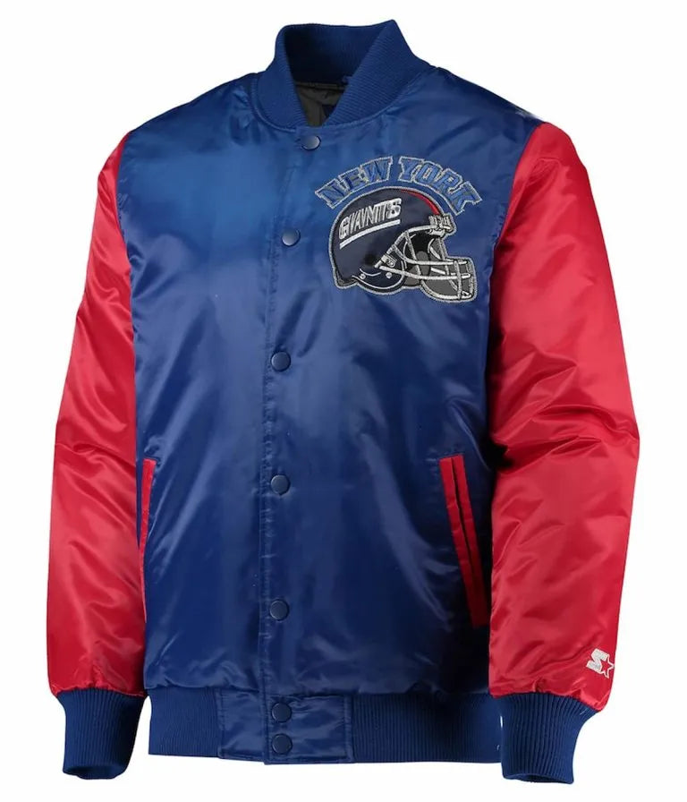New York Giants Locker Room Throwback Full-Snap Varsity Royal Blue and Red Satin Men's Bomber Jacket