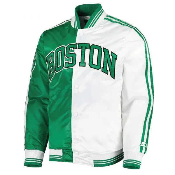 Boston Celtics Fast Break Full-Snap Varsity Green and White Satin Men's Bomber Jacket