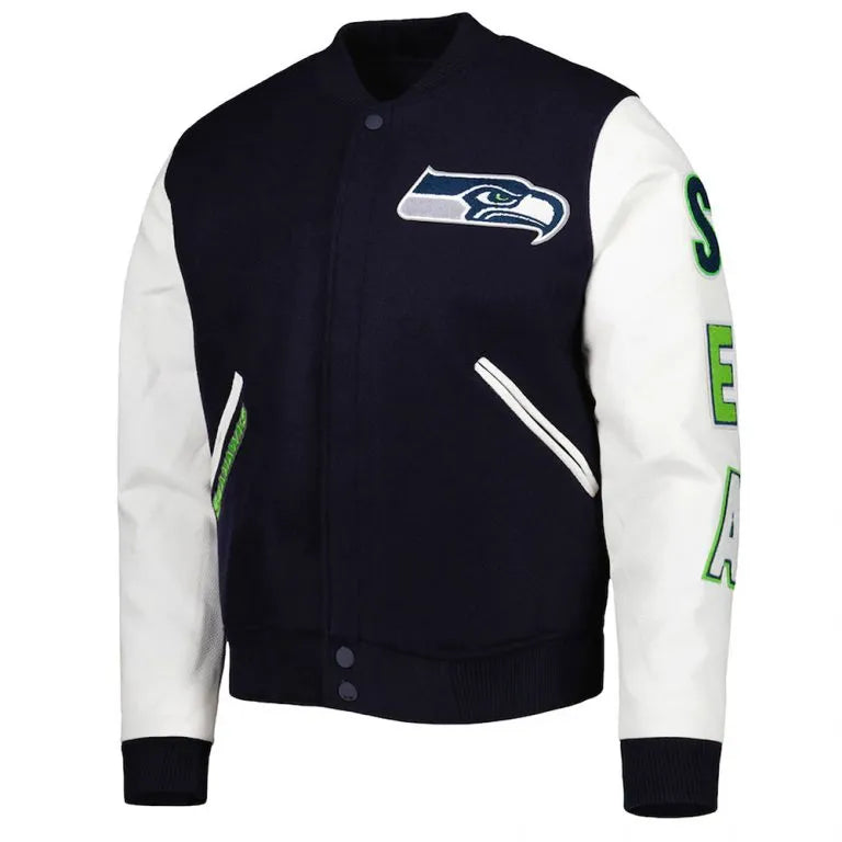 Seattle Seahawks College Logo Navy Blue Wool & White Genuine Leather Sleeves Men's Varsity Letterman Jacket