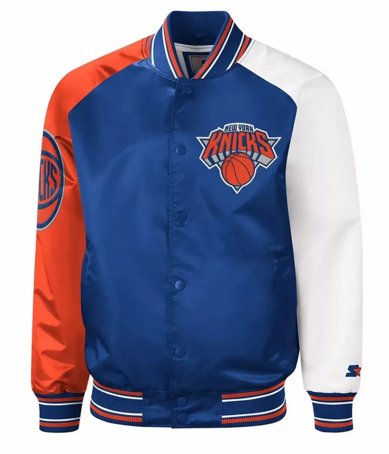 New York Knick Classic Full-Snap Varsity Royal Blue and Orange Satin Men's Bomber Jacket