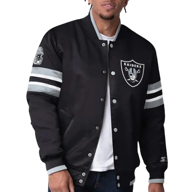 Los Angeles Raiders Scout Full-Snap Varsity Black Satin Men's Bomber Jacket