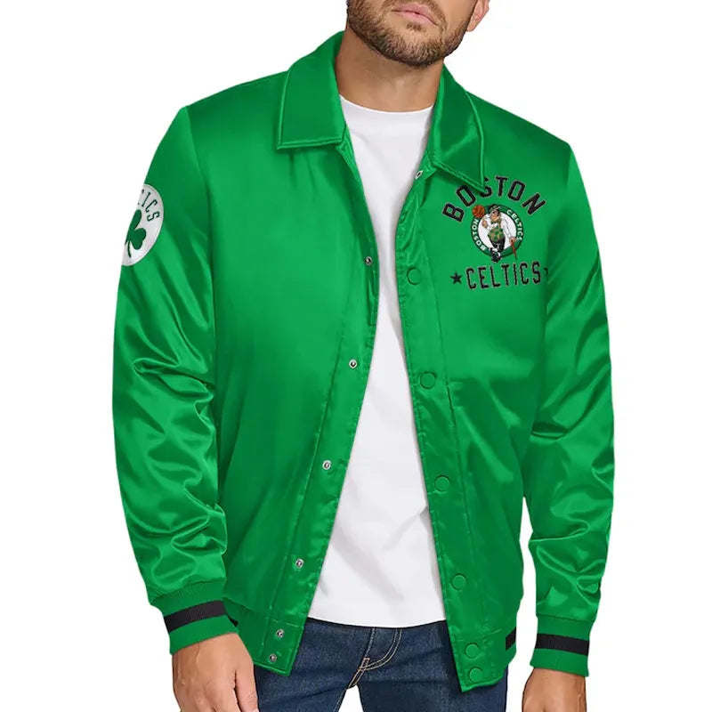 Boston Celtics Stitch Applique Full-Snap Varsity Kelly Green Satin Men's Bomber Jacket