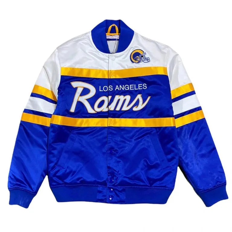 Los Angeles Rams Special Script Heavyweight Full-Snap Varsity Blue & White Satin Men's Bomber Jacket