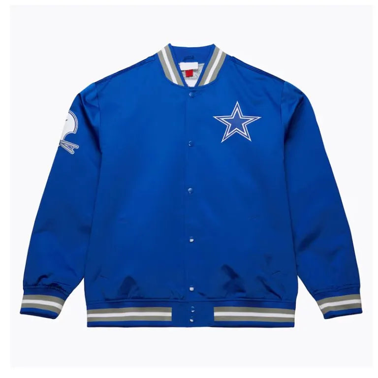 Dallas Cowboys Double Down Full-Snap Varsity Royal Blue Satin Men's Bomber Jacket