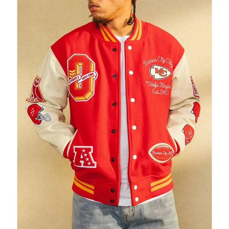 OVO Kansas City Chiefs Red Wool and White Genuine Leather Sleeves Men's Varsity Letterman Jacket